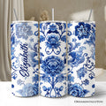 Blue and White Floral Pattern 20oz Personalized Tumbler With Lid and Stainless Steel Straw, Vintage Chinoiserie Porcelain Gift Cup